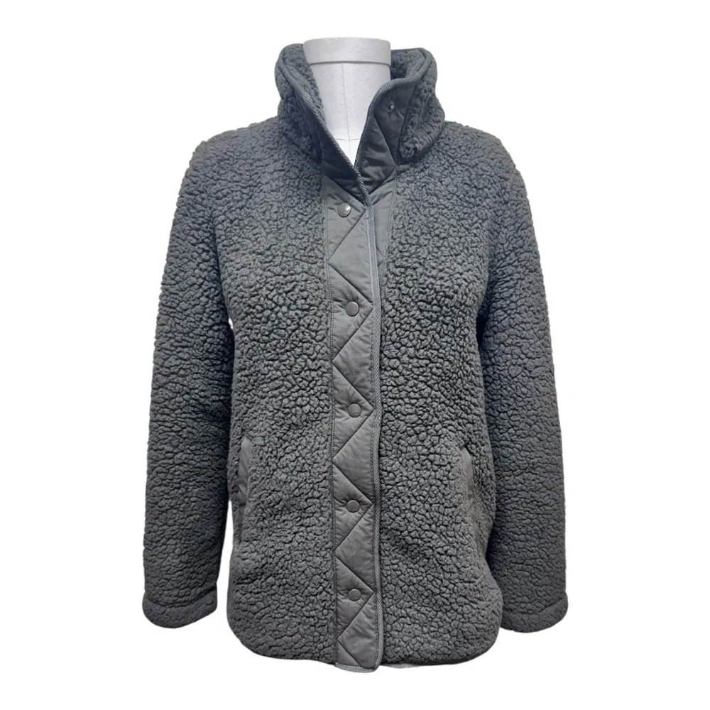Abercrombie & Fitch Sherpa Nylon Snap Up Jacket, Size Small, Teddy coat, Green - Picture 11 of 15
